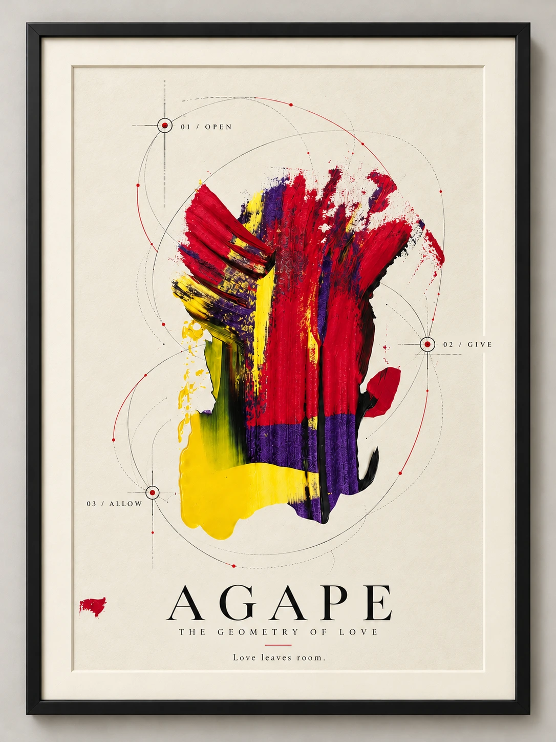 Agape, The Geometry of Love — a framed portrait composition of red, yellow and violet abstract paint, fine orbital lines, and the words Open, Give, Allow and Love leaves room