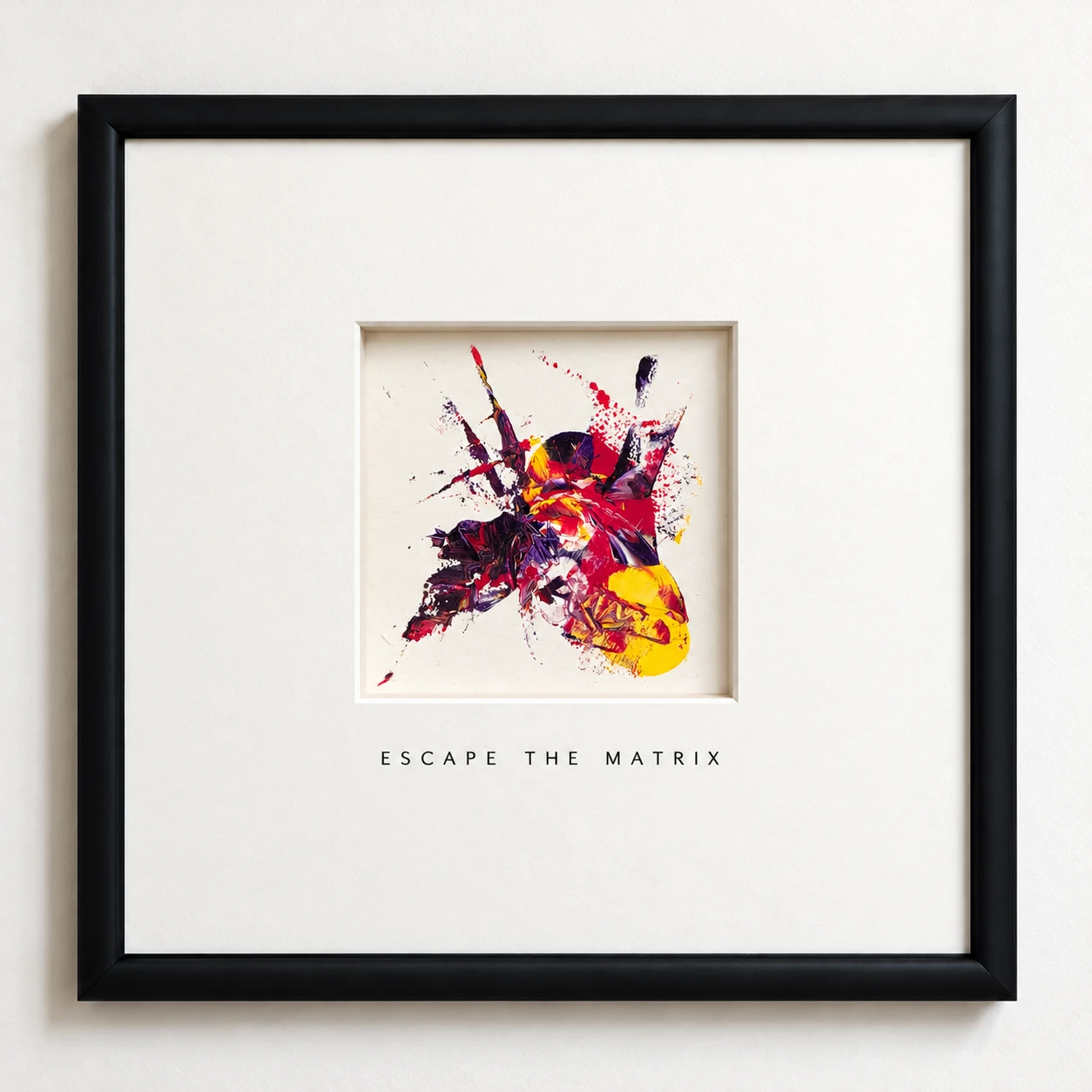 Escape the Matrix — a small vivid abstract painting surrounded by a generous cream mount and black frame
