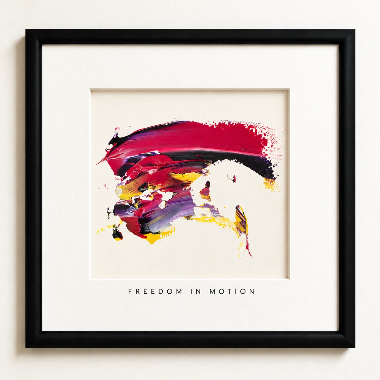 Freedom in Motion — red, purple and yellow abstract painting in a black frame with a cream mount