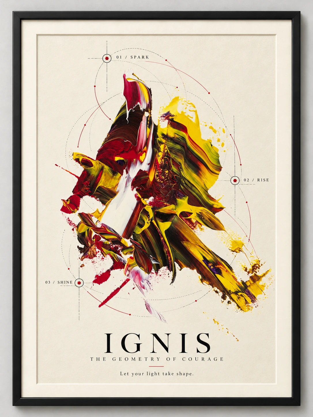 Ignis, The Geometry of Courage — yellow and crimson abstract paint in a black portrait frame, surrounded by fine circular lines and the words Spark, Rise, Shine and Let your light take shape